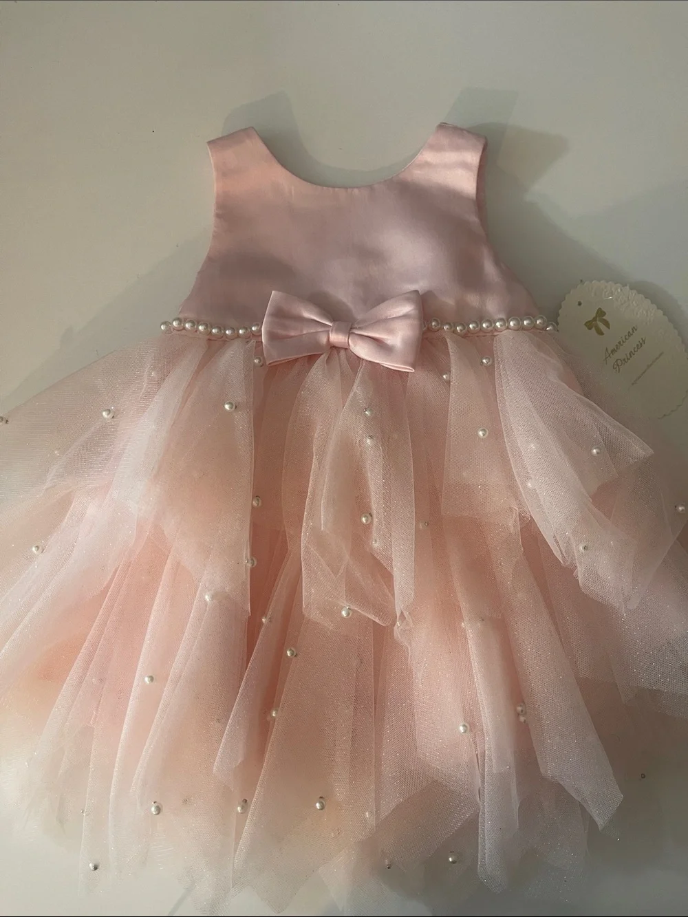 American Princess Light Pink Pearl-Embellished Tulle Party Dress with Bow